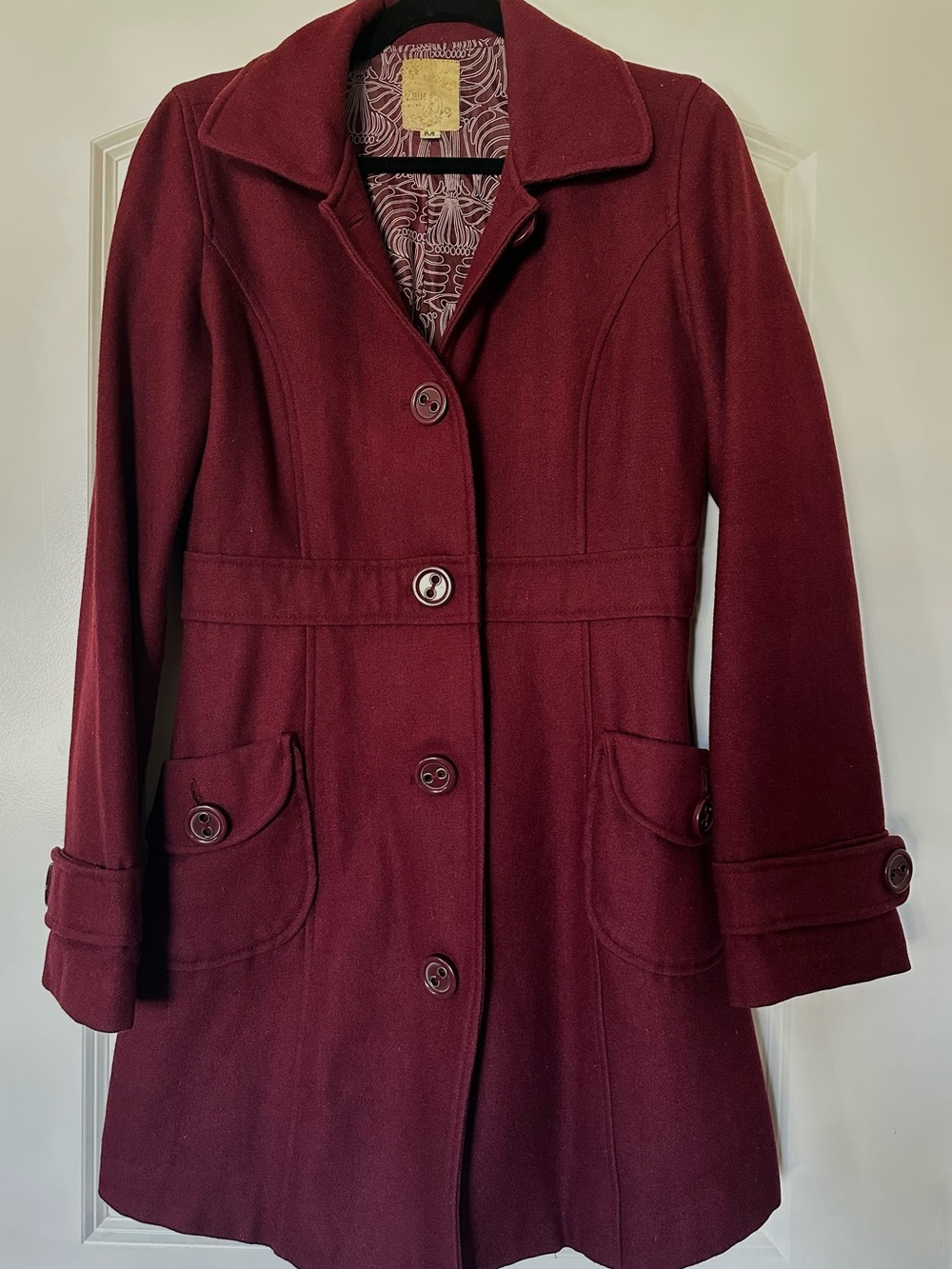 Tulle Anthropologie Women’s Burgundy Retro Button-Front Wool Blend Pea Coat